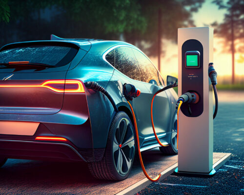 Electric Car Charging At A Gas Station In The City, Industrial Landscape, Neon Elements, Healthy Environment Without Harmful Emissions. Eco Concept. Generative AI